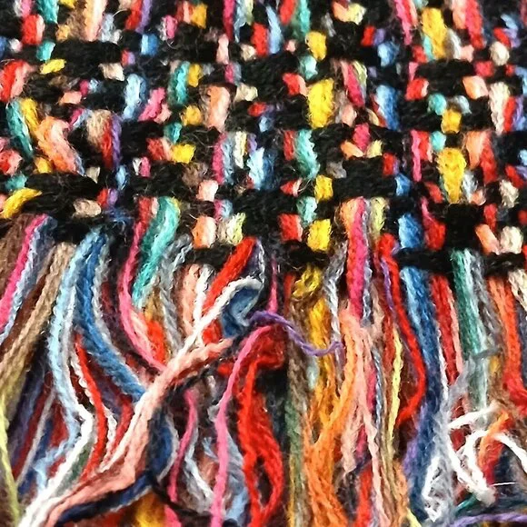 CHANEL Luxury Vintage Black & Red Multi-Color Woven Fringed Shawl Wrap Scarf - Picture 13 of 15